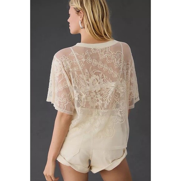 Anthropologie Short Sleeve Embroidered Mesh Top Ivory Size M - Picture 2 of 8